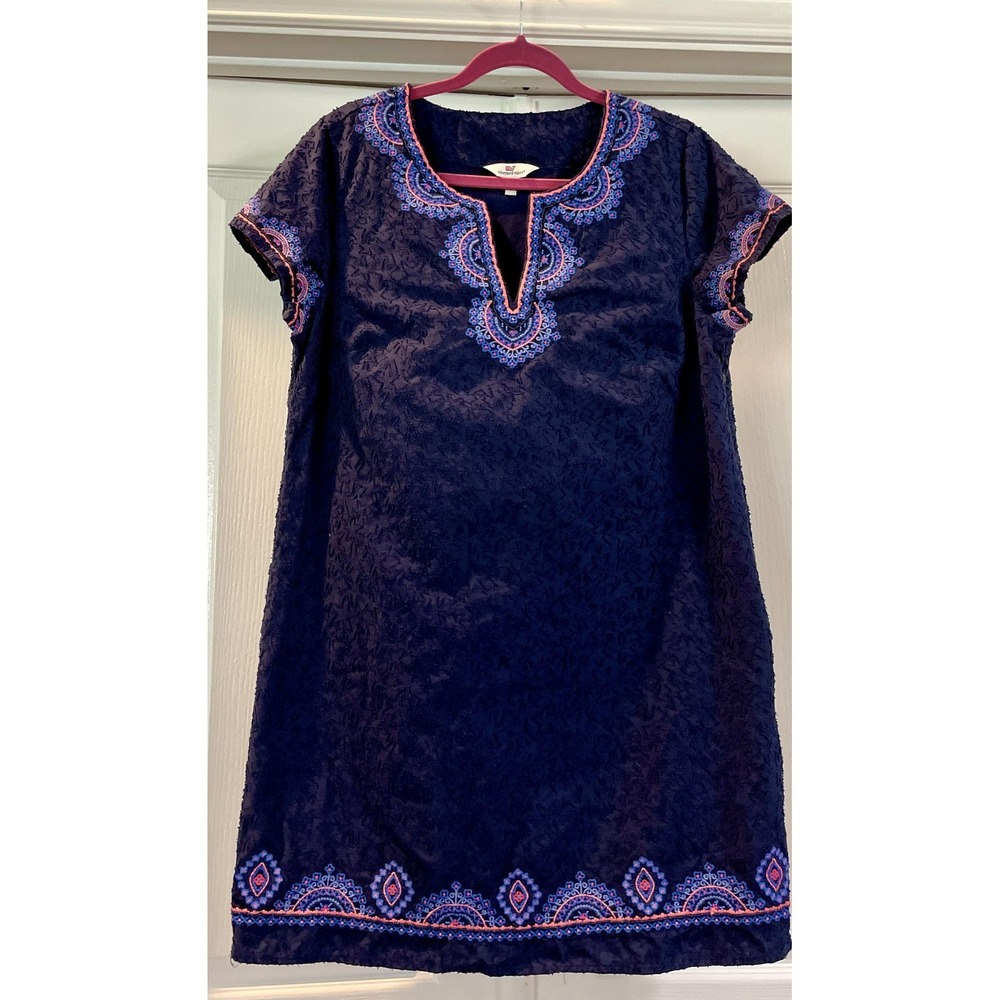 Vineyard Vines Dress Womens 12 Navy Embroidered V Neck Shift Cotton Jacquard
